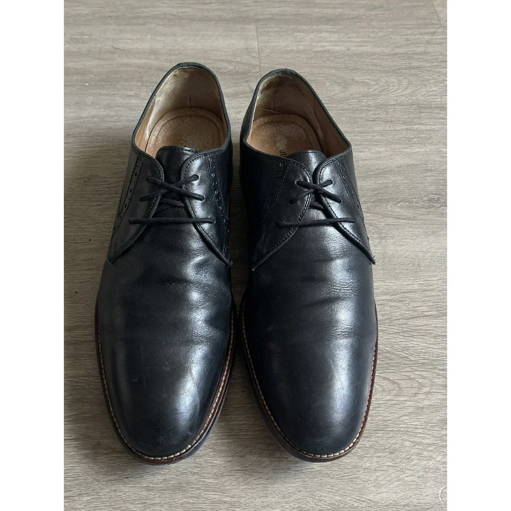 Size 11- Johnston Murphy Oxford Shoes Conrad Plain Toe Black Leather Blue Detail